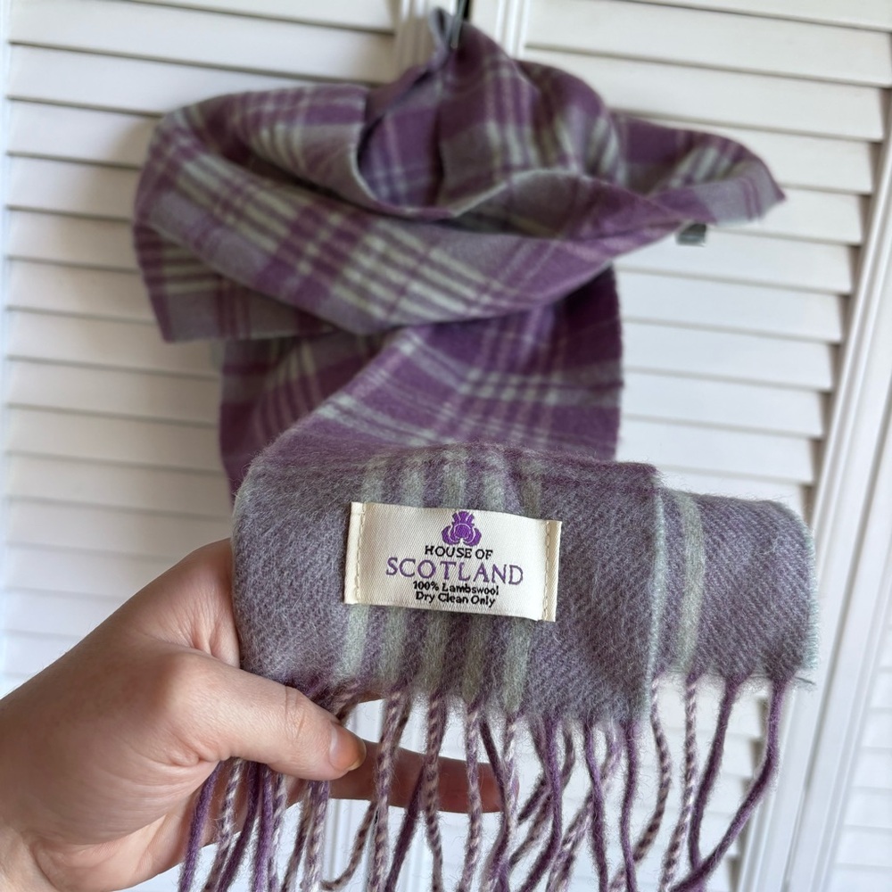 100% Wool || House of Scotland Purple & Light Gray Plaid Fringe Scarf - Picture 2 of 2